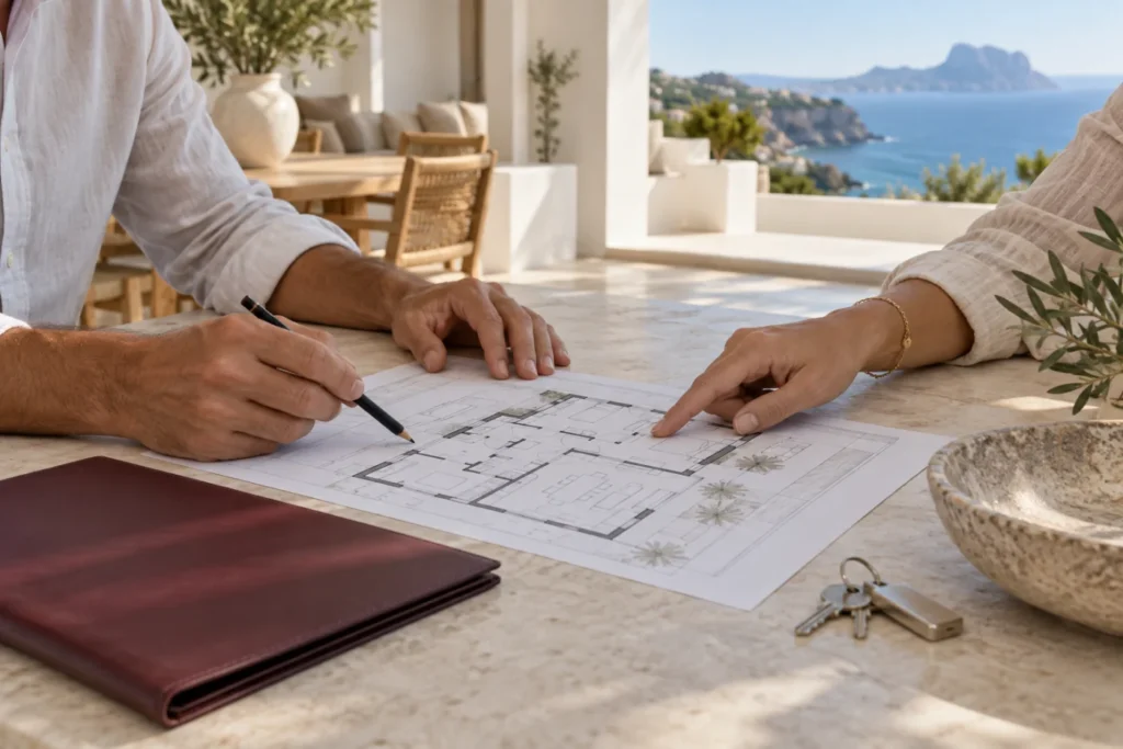 Illustratie van een adviesgesprek over de waarde van een woning